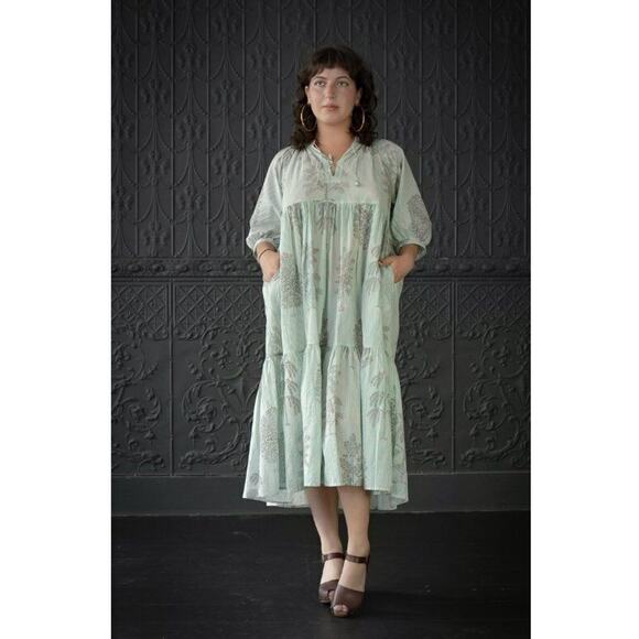MATTA Sz S Small Aqua Stripe Short Elbow Sleeve Midi Dress Cotton Katia Trees - Picture 11 of 11